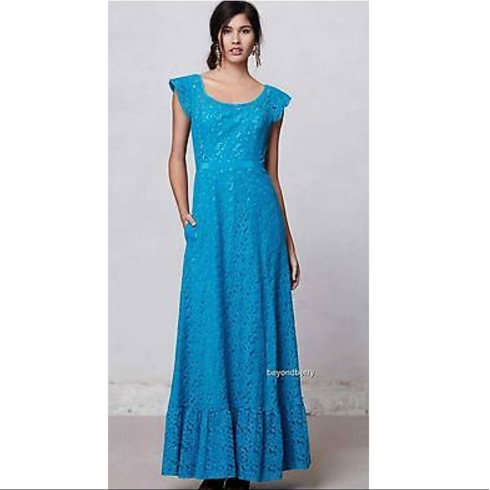 Anthropologie Flounced Lace Blue Maxi Dress by Mirror of Venus Size 4